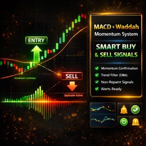 Op de afbeelding: Een digitale afbeelding die een financieel handelssysteem illustreert. De afbeelding toont grafieken met groene en rode balken, pijlen die "ENTRY" en "SELL" aangeven, en tekst met "MACD + Waddah Momentum System" en "SMART BUY & SELL SIGNALS".