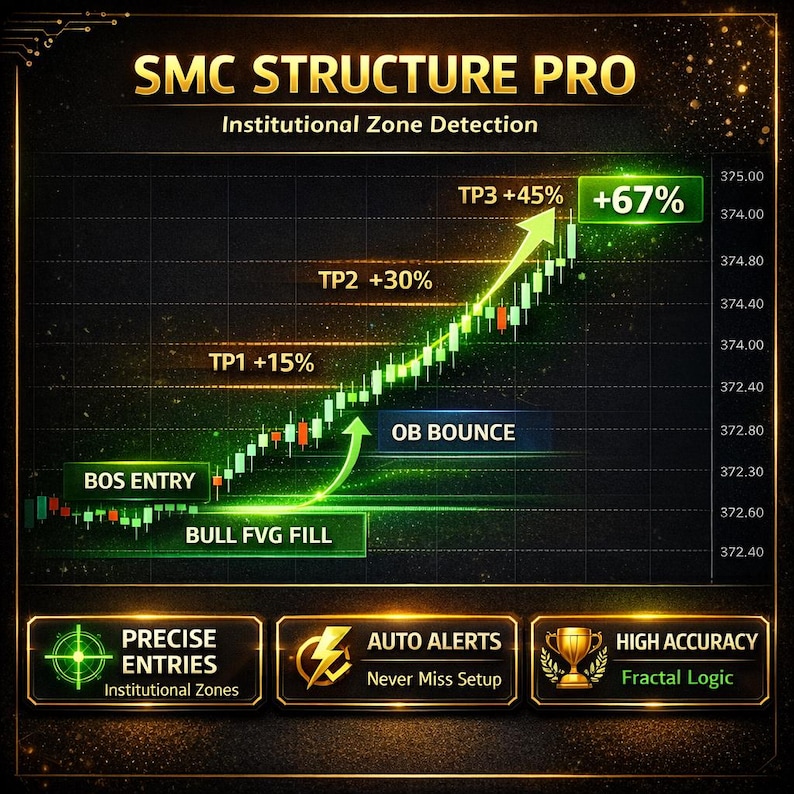 May include: A chart with the text "SMC STRUCTURE PRO" and "Institutional Zone Detection." The chart shows a green line trending upward with labels like "TP1 +15%", "TP2 +30%", and "TP3 +45% +67%." Additional text includes "BOS ENTRY", "BULL FVG FILL", and "OB BOUNCE."