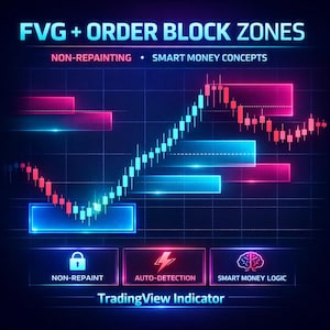 Op de afbeelding: Een digitale afbeelding met de tekst "FVG + ORDER BLOCK ZONES" en "NON-REPAINTING • SMART MONEY CONCEPTS." De afbeelding toont een grafiek met blauwe en rode blokken en de tekst "TradingView Indicator."