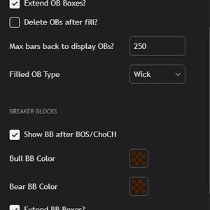 May include: A dark-themed interface with settings for SMSP, including options for order blocks and breaker blocks. Features checkboxes, dropdown menus, and numerical input fields. The interface includes "Cancel" and "Ok" buttons.