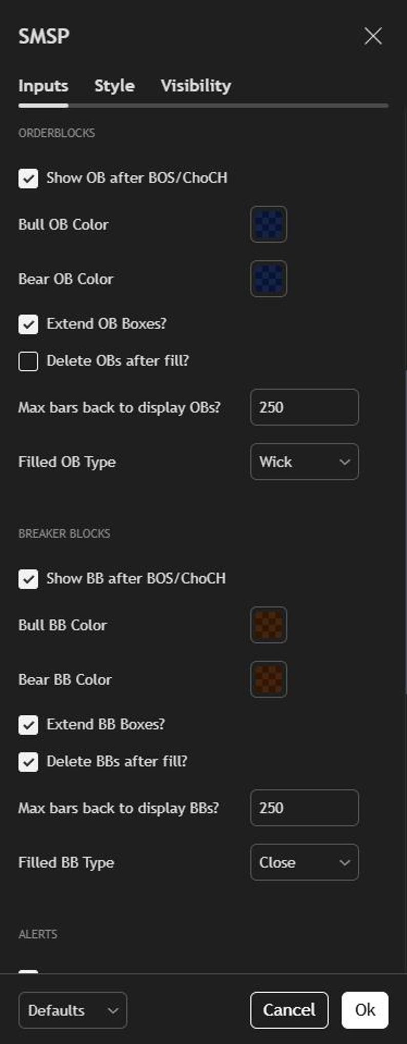 May include: A dark-themed interface with settings for SMSP, including options for order blocks and breaker blocks. Features checkboxes, dropdown menus, and numerical input fields. The interface includes "Cancel" and "Ok" buttons.