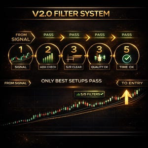May include: A graphic illustrating a V2.0 filter system with a dark background. The image shows a step-by-step process with labels like "Signal," "ADX Check," and "Time OK." A chart with green and red bars and an upward arrow is also present.