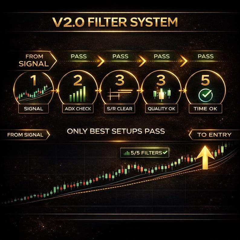 May include: A graphic illustrating a V2.0 filter system with a dark background. The image shows a step-by-step process with labels like "Signal," "ADX Check," and "Time OK." A chart with green and red bars and an upward arrow is also present.
