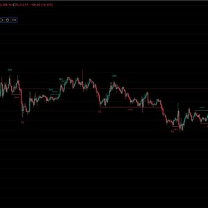 May include: A dark screen displays a financial chart with green and red lines, indicating market fluctuations. The chart shows data points and labels, with a control panel on the left. The background is black.