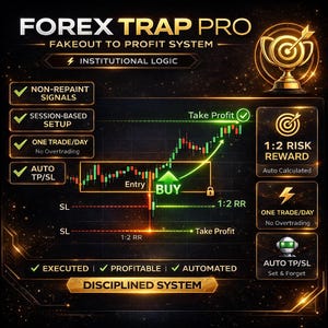 Op de afbeelding: Een digitale afbeelding die "FOREX TRAP PRO" promoot met de slogan "Fakeout to Profit System". De afbeelding toont een aandelenkoersgrafiek met koop- en winstindicatoren, samen met pictogrammen voor niet-hertekende signalen, een op sessie gebaseerde setup en geautomatiseerde handel.