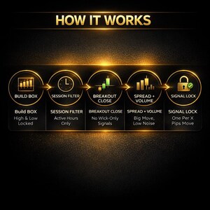 K&ouml;nnte beinhalten: Eine Grafik mit dem Text "HOW IT WORKS" oben. Das Bild zeigt eine Reihe von kreisf&ouml;rmigen Symbolen mit Text, darunter "BUILD BOX", "SESSION FILTER", "BREAKOUT CLOSE", "SPREAD + VOLUME" und "SIGNAL LOCK". Der Hintergrund ist schwarz und gold.