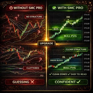 May include: A comparison chart with the text "WITHOUT SMC PRO" and "WITH SMC PRO". The left side shows a cluttered chart with "NO STRUCTURE" and "GUESSING X". The right side shows a clear chart with "CLEAR STRUCTURE" and "CONFIDENT".