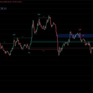 May include: A computer screen displays a stock chart with red and green lines, indicating price fluctuations. The chart includes labels like HH, HL, and LH, with a dark background and a sidebar with settings.