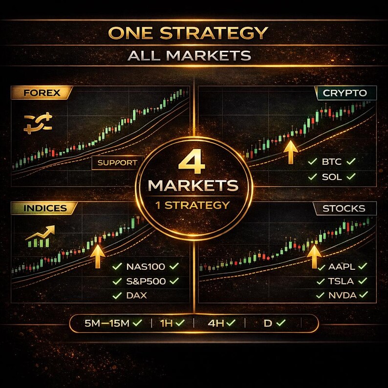May include: A graphic with a dark background and gold accents displays financial market data. The text reads "ONE STRATEGY ALL MARKETS" and "4 MARKETS 1 STRATEGY." Charts for Forex, Indices, Crypto, and Stocks are shown, with checkmarks next to specific market symbols.