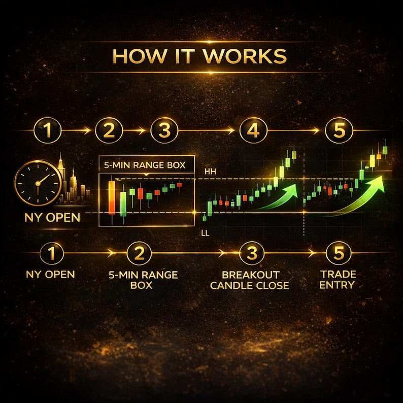 May include: An infographic titled "HOW IT WORKS" with a gold and black color scheme. The graphic illustrates a trading strategy, starting with "NY OPEN" and progressing through a "5-MIN RANGE BOX" to a "TRADE ENTRY" point, with arrows and charts.
