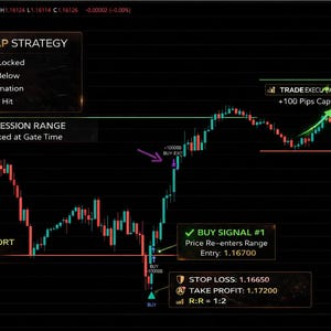 May include: A dark background chart with green and red lines illustrating a Forex trading strategy. Text includes "FOREX TRAP STRATEGY", "BUY SIGNAL #1", and "TRADE EXECUTION". The chart shows price movements and key levels.