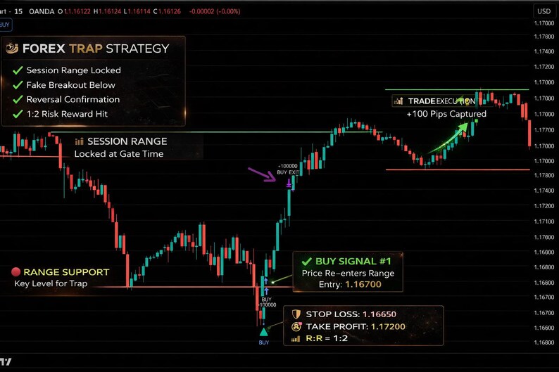 May include: A dark background chart with green and red lines illustrating a Forex trading strategy. Text includes "FOREX TRAP STRATEGY", "BUY SIGNAL #1", and "TRADE EXECUTION". The chart shows price movements and key levels.