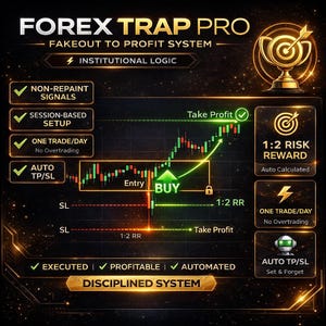 May include: A graphic with the text "FOREX TRAP PRO" and "FAKEOUT TO PROFIT SYSTEM". It includes a chart with buy and take profit indicators, and icons for non-repaint signals, session-based setup, and auto TP/SL.