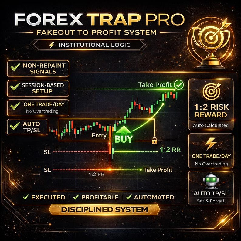 May include: A graphic with the text "FOREX TRAP PRO" and "FAKEOUT TO PROFIT SYSTEM". It includes a chart with buy and take profit indicators, and icons for non-repaint signals, session-based setup, and auto TP/SL.