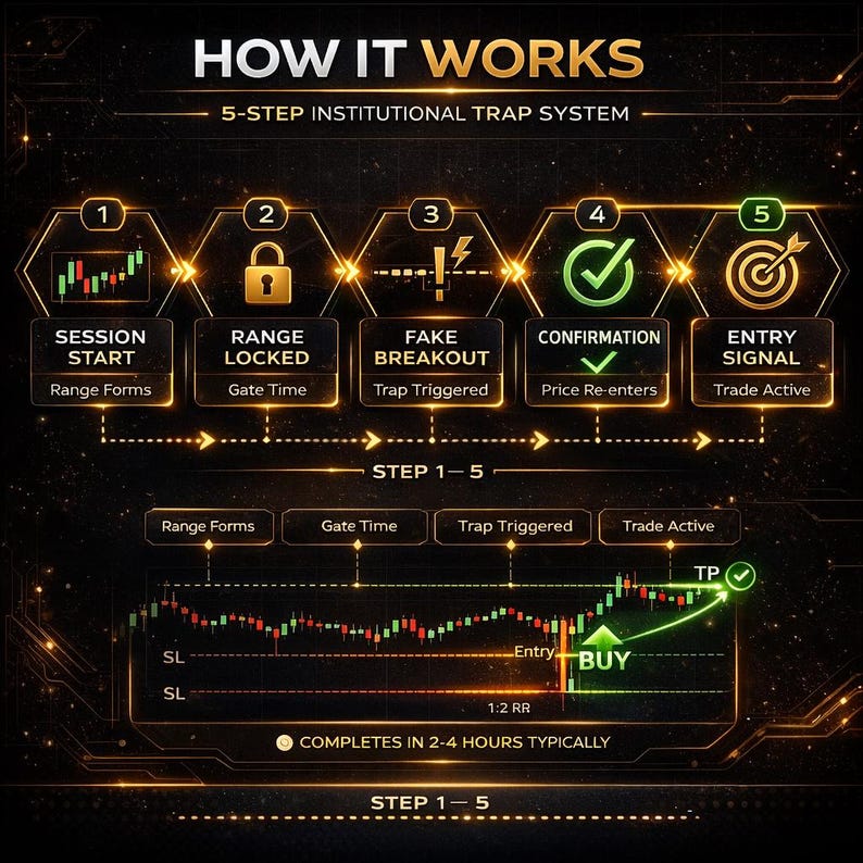 May include: An infographic titled "HOW IT WORKS" detailing a 5-step institutional trap system. The steps include "Session Start," "Range Locked," "Fake Breakout," "Confirmation," and "Entry Signal." A chart illustrates the process, with labels like "BUY" and "TP."