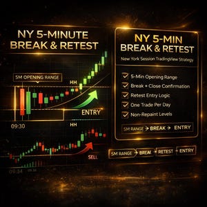 Peut inclure: Graphique numérique avec le texte "NY 5-MINUTE BREAK & RETEST" et un graphique de chandeliers verts et rouges. Le graphique comprend des étiquettes telles que "ENTRY" et "SELL", avec une liste de fonctionnalités à droite.