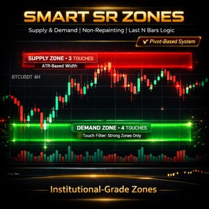 May include: A digital graphic displaying a stock chart with red and green candlesticks. The image features the text "SMART SR ZONES", with "Supply" and "Demand" zones highlighted in red and green. The graphic also includes the text "Institutional-Grade Zones".