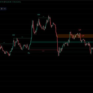 May include: A dark-themed computer screen displaying a stock chart with red and green lines, indicating price fluctuations. The chart includes horizontal support and resistance levels, with text labels like "HH" and "LH". A sidebar shows various input options.