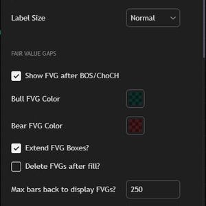 May include: A dark interface with settings for SMSP, including inputs, style, and visibility options. The 'Length' is set to 6. Options include swing points, fair value gaps, and orderblocks, with checkboxes and color selections. Buttons for 'Cancel' and 'Ok' are visible.