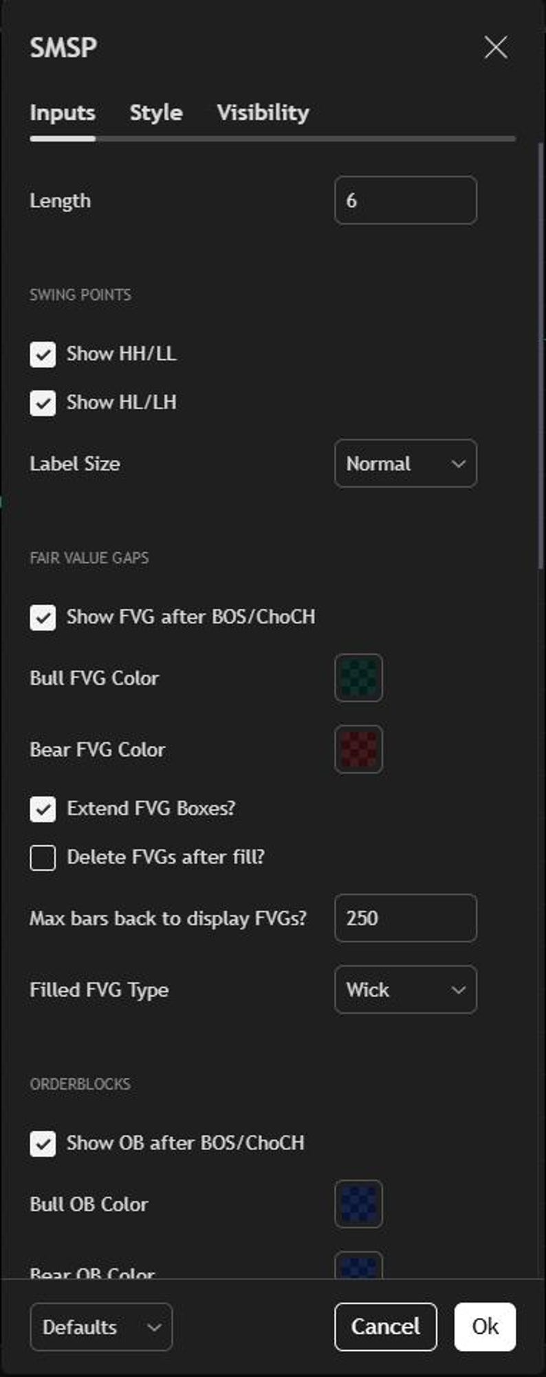 May include: A dark interface with settings for SMSP, including inputs, style, and visibility options. The 'Length' is set to 6. Options include swing points, fair value gaps, and orderblocks, with checkboxes and color selections. Buttons for 'Cancel' and 'Ok' are visible.