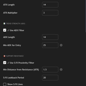 May include: Screenshot of a trading strategy interface titled "Pure Price Action BUY Strategy - Advanced Filters." The interface displays settings for EMA Length, ATR Length, ADX Filter, and Candle Size Filter, with numerical input fields and checkboxes.