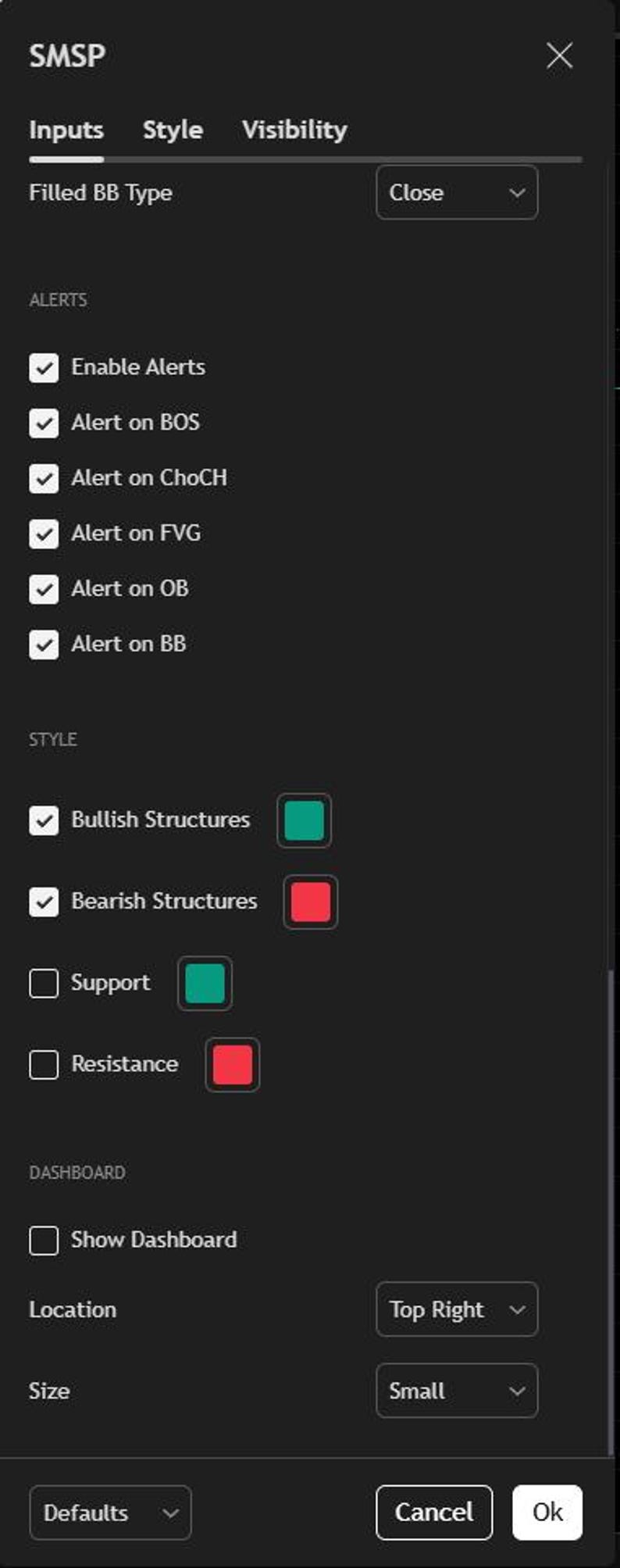 May include: A dark interface with options for alerts, style, and dashboard settings. The interface includes checkboxes for enabling alerts on various events and options for bullish and bearish structures, support, and resistance. The interface also has location and size settings.