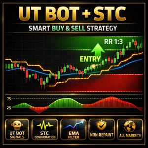 Może przedstawiać: Cyfrowy wykres z tekstem "UT BOT + STC SMART BUY & SELL STRATEGY". Zawiera wykres ze świecami w kolorze zielonym i czerwonym, zieloną strzałkę w górę z napisem "ENTRY" oraz ikony funkcji handlowych.