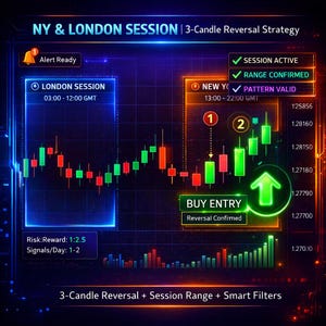 Op de afbeelding: Een digitale afbeelding met een blauw en groen kleurenschema, die financiële data-analyse weergeeft. De afbeelding bevat candlestick-grafieken, tekst die handelssessies aangeeft en koopsignalen. De tekst luidt "NY & LONDON SESSION" en "3-Candle Reversal Strategy."