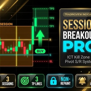 May include: A digital graphic with the text "SESSION BREAKOUT PRO" in gold and teal. It includes a chart with green and red candlesticks, an arrow, and the words "BUY" and "NY SESSION". Additional icons display "3 SESSIONS", "3 TP LINES", "NON-REPAINT", and "6 ALERTS".