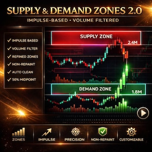 Może przedstawiać: Grafika cyfrowa z tekstem "SUPPLY & DEMAND ZONES 2.0" i "IMPULSE-BASED • VOLUME FILTERED". Zawiera wykresy z etykietami "SUPPLY ZONE" i "DEMAND ZONE" oraz listę funkcji takich jak "IMPULSE BASED" i "VOLUME FILTER".