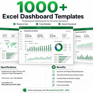 K&ouml;nnte beinhalten: Bild von Excel-Dashboard-Vorlagen mit dem Text "1000+ Excel Dashboard Templates". Die Dashboards zeigen Verkaufs-, Finanz- und KPI-Daten an. Das Bild enth&auml;lt auch den Text "Ready to Use", "Fully Editable" und "Instant Download".
