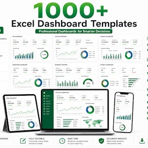 K&ouml;nnte beinhalten: Digitalgrafik mit Excel-Dashboard-Vorlagen. Das Bild zeigt einen Laptop, ein Tablet und ein Smartphone, die jeweils Datenvisualisierungen anzeigen. Der Text hebt &uuml;ber 1000 Vorlagen, KPI-Dashboards, Verkaufs-Dashboards und Finanzberichte hervor. Das Design ist sauber und modern, mit Diagrammen und Layouts.