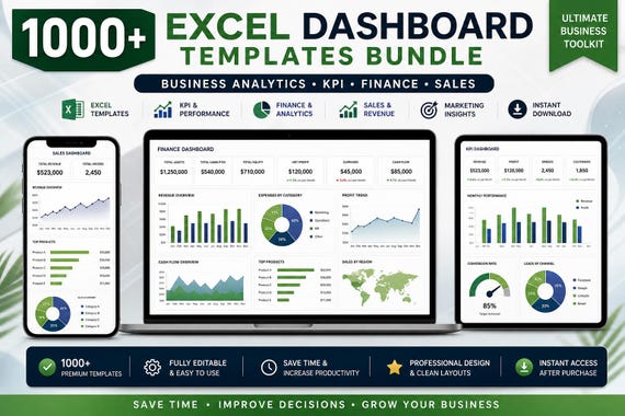 1000+ Excel Dashboard Templates Bundle – Business Analytics , KPI ,Finance &  Sales