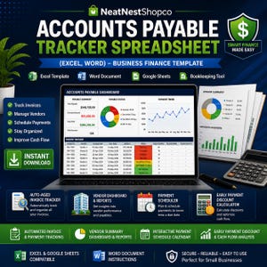 May include: A digital accounts payable tracker spreadsheet template, with a laptop displaying financial data, a calculator, and printed reports. The template includes features for invoice tracking, vendor management, and payment scheduling. The design is green and blue.