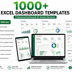 K&ouml;nnte beinhalten: Werbung f&uuml;r Excel-Dashboard-Vorlagen. Das Bild zeigt einen Laptop und ein Tablet mit Diagrammen und Grafiken. Der Text enth&auml;lt "1000+ Excel Dashboard Templates" und "Professional Dashboards for Smarter Decisions."