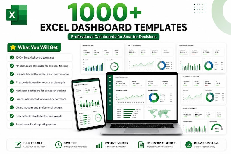 K&ouml;nnte beinhalten: Werbung f&uuml;r Excel-Dashboard-Vorlagen. Das Bild zeigt einen Laptop und ein Tablet mit Diagrammen und Grafiken. Der Text enth&auml;lt "1000+ Excel Dashboard Templates" und "Professional Dashboards for Smarter Decisions."