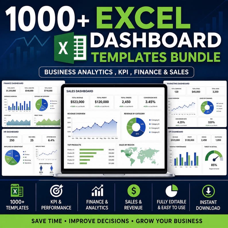 K&ouml;nnte beinhalten: Digitales Grafikdesign, das ein Excel-Dashboard-Vorlagenpaket bewirbt. Das Bild zeigt einen Laptop mit Diagrammen und Grafiken f&uuml;r Business Analytics, KPIs, Finanzen und Vertrieb. Der Text enth&auml;lt "1000+ Excel Dashboard Templates Bundle."