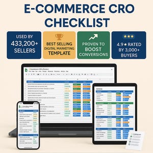 May include: An e-commerce CRO checklist displayed on a laptop, tablet, and smartphone. The image includes text that says "Used by 433,200+ Sellers", "Best Selling Digital Marketing Template", and "Proven to Boost Conversions".