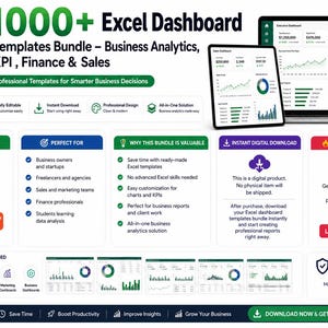 K&ouml;nnte beinhalten: Ein digitales Produktpaket mit &uuml;ber 1000 Excel-Dashboard-Vorlagen f&uuml;r Business Analytics, KPIs, Finanzen und Vertrieb. Das Bild zeigt einen Laptop, ein Tablet und ein Telefon, die Dashboards anzeigen. Kompatibel mit Microsoft Excel und Google Sheets. Enth&auml;lt verschiedene Dashboard-Vorlagen.