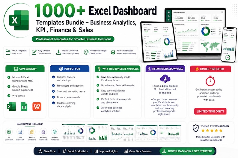 K&ouml;nnte beinhalten: Ein digitales Produktpaket mit &uuml;ber 1000 Excel-Dashboard-Vorlagen f&uuml;r Business Analytics, KPIs, Finanzen und Vertrieb. Das Bild zeigt einen Laptop, ein Tablet und ein Telefon, die Dashboards anzeigen. Kompatibel mit Microsoft Excel und Google Sheets. Enth&auml;lt verschiedene Dashboard-Vorlagen.
