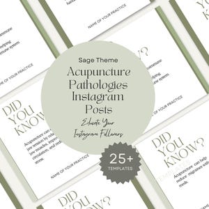 Puede incluir: Plantillas de publicaciones de Instagram con tema de salvia para patologías de acupuntura. El diseño presenta un esquema de color verde claro con el texto "¿Sabías que?" e información sobre acupuntura. Incluye más de 25 plantillas.