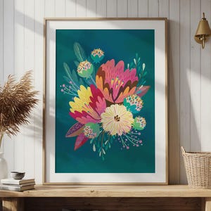 Teal Floral Art Print: Colorful Boho Maximalist Home Decor
