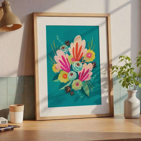 Colorful Floral Giclée Print: Turquoise & Pink Flower Illustration