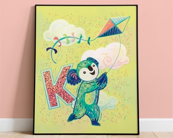 Kids Room Wall Art, Nursery Decor K is for Koala Alphabet Animal, Colorful Print for Child Bedroom