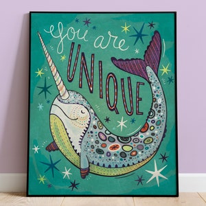 Arte de narval para habitación infantil, póster único escrito a mano para guardería y dormitorio infantil, inspirador y lindo