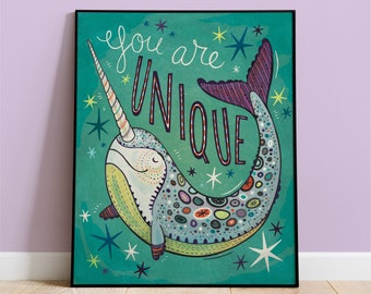 Narwhal Art Print: 'You are Unique' Kids Room Decor