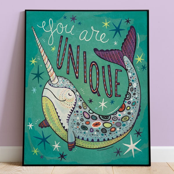 Kids Room Narwhal Art, Unique Hand Lettered Poster for Nursery and Children's Bedroom, Inspirational and Cute