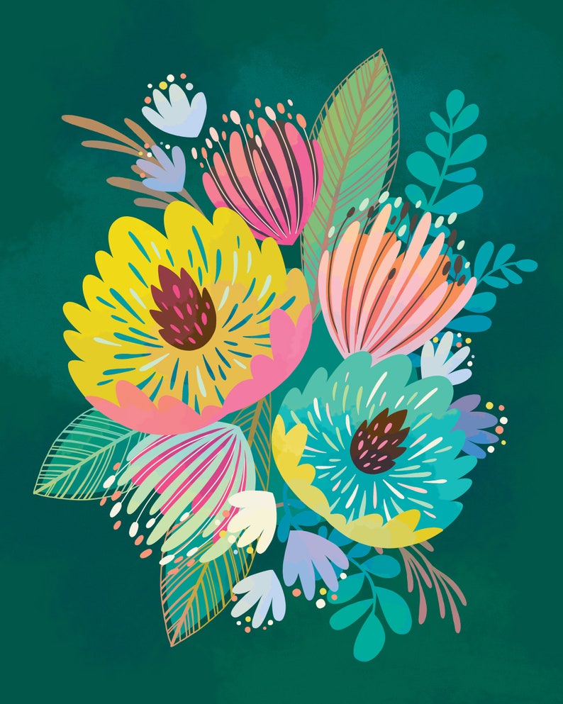 Colorful Flower Art / Floral Wall Art / Green and Pink Flower Print