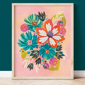 Decoración de pared brillante, impresión artística de flores, colorida en rosa, naranja, verde azulado, impresión de galería maximalista para decoración del hogar