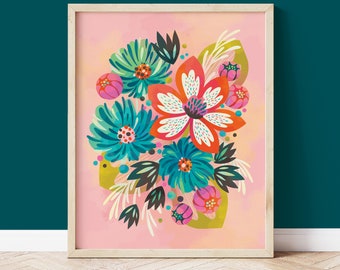 Bright Wall Decor, Art Print of Flowers, Colorful in Pink, Orange, Teal, Maximalist Gallery Print for Home Decor